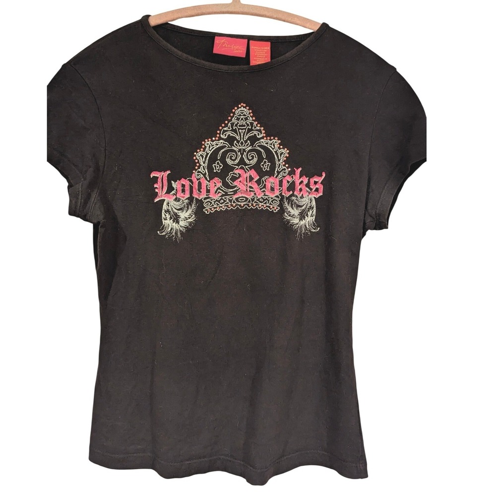 Thalia Sodi Baby Tee XS Black Love Rocks Crown Graphic Y2K McBling‎ Rockstar